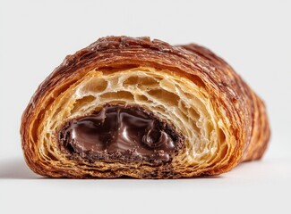 Fototapeta premium Close-up of a half-cut chocolate croissant. A golden-brown, flaky croissant is sliced in half, revealing a generous filling of melted chocolate. 