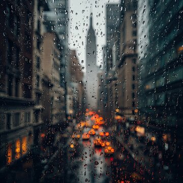 Fototapeta Rainy city street seen through a wet window
