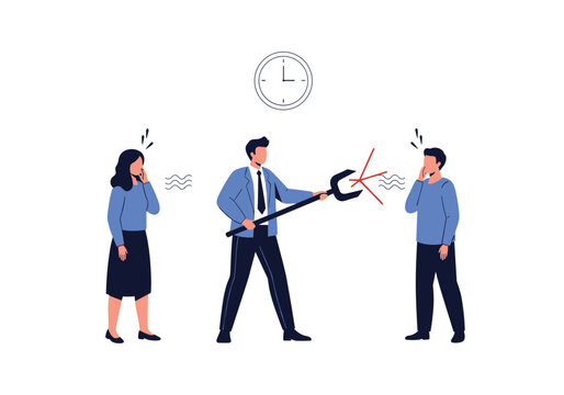 A man uses a large wrench to break a clock representing time management.