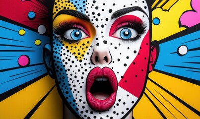 A colorful pop art portrait of a woman with a surprised expression. Bold lines and vibrant colors define the style, offering a dynamic visual experience.