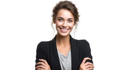Portrait of a smiling woman with arms crossed, wearing a black blazer, set against a clean white backdrop.