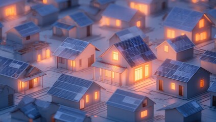 Futuristic neighborhood of houses connected by a glowing smart energy grid with solar panels.