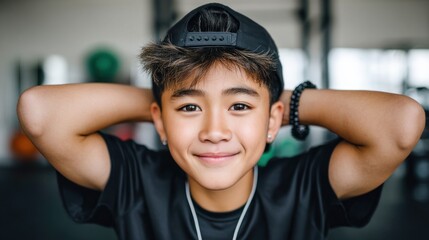 A young Asian boy smiles at the camera with his arms behind his head. He's wearing a black cap and a black shirt. The background appears to be a gym or fitness area.