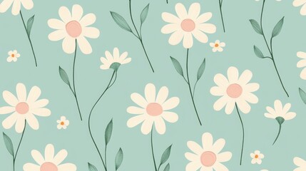 A charming and simple seamless pattern of delicate daisies with soft pink centers and green leaves against a serene light blue background, perfect for a fresh and natural aesthetic