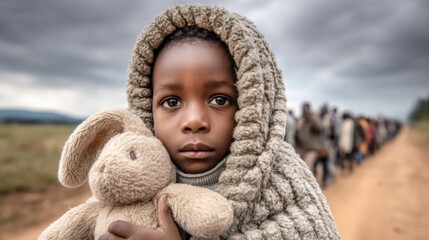 A young girl in a knitted hood holds a stuffed animal, with a procession of people in the background, evoking themes of displacement.
