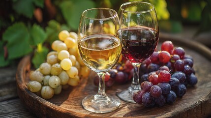 vineyard. Glasses of red and white wine with ripe grapes on a wooden table in a rustic vineyard setting. bar promotions, beverage menus, designed for food & beverage menus and cafe branding.