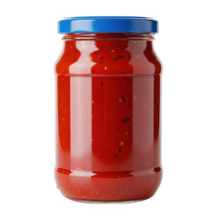 Glass jar of red tomato sauce with blue lid on background image