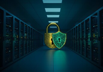 Advanced server security with glowing shield and lock in data center for modern cyber protection solutions, offering network safety and trust