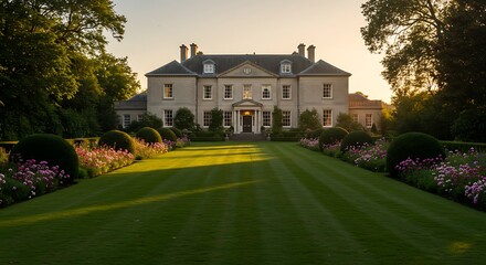 Beautiful luxury mansion with manicured front lawn.