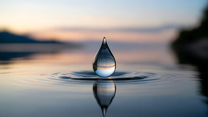 A single water droplet suspended above a calm lake surface at sunset, reflecting the sky and creating ripples.