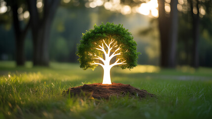 A glowing tree with luminous trunk stands on a mound in a sunlit forest clearing.