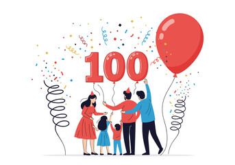 A joyful family celebrates a special one hundredth anniversary with balloons and confetti.