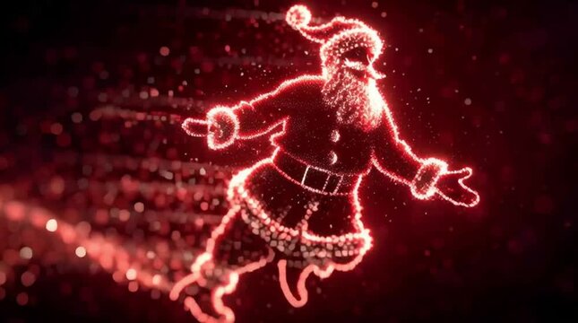 Dancing Santa Claus on a red background with fireworks. Video visual for Christmas and new year.