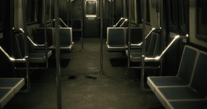 An empty subway train travels through the underground during the night. The dimly lit compartment features clean, unoccupied seats and a quiet atmosphere, highlighting urban solitude.