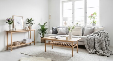 Bright living room with wooden furniture and plants.