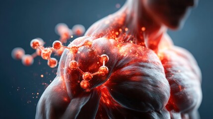 A detailed 3D rendered visualization of human anatomy with molecules, showcasing muscles and energy flow, ideal for medical or scientific illustrations.