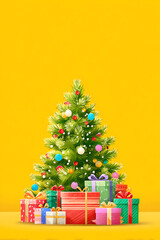 Colorful Christmas tree adorned with ornaments, surrounded by festive presents on a bright yellow background