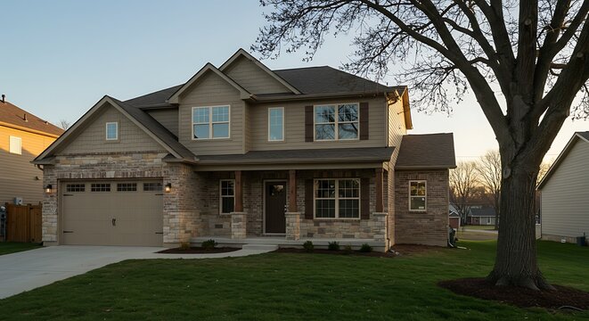 Orland park il usa - may 20 2019: a new suburban house with half light brown siding and have brick and stone brown window shutters and a front porch.