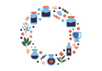 A whimsical circular arrangement of bottles tinctures and herbs.