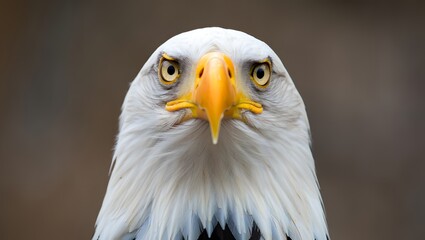 Obraz premium portrait of a bald eagle (Haliaeetus leucocephalus), sharp high-definition details capturing the pure white head feathers, piercing golden eyes, and powerful yellow beak.