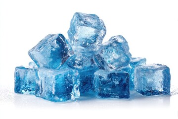 Obraz premium Pile of translucent blue ice cubes against white background