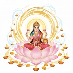 Goddess lakshmi seated on a lotus surrounded by diyas and golden light