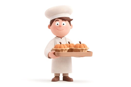 baker proudly holding a tray of freshly baked pumpkin pies, autumn harvest season, 3d animation, isolated on a white background