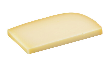 A single slice of pale yellow cheese with a smooth texture and a slightly curved edge isolated on a white background.