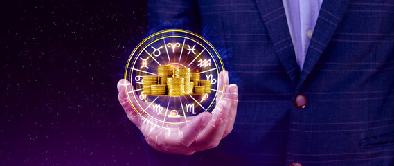 Horoscope with zodiac signs and money coins like astrology and money and astrology and wealth concept, Financial horoscope concept.
