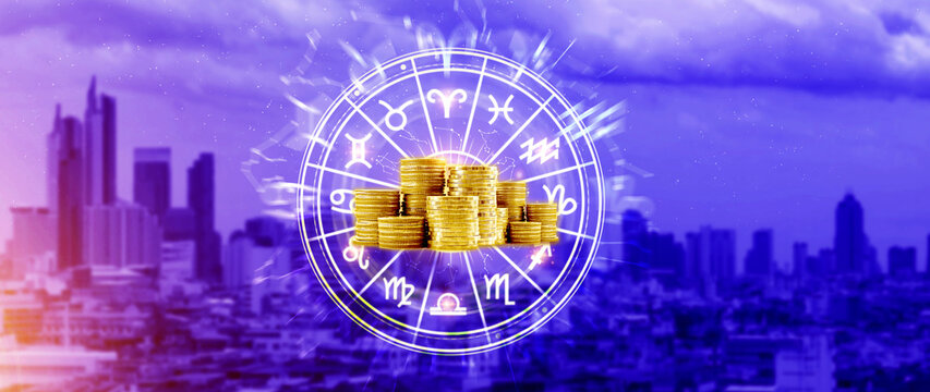 Horoscope with zodiac signs and money coins like astrology and money and astrology and wealth concept, Financial horoscope concept.