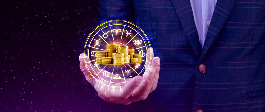 Horoscope with zodiac signs and money coins like astrology and money and astrology and wealth concept, Financial horoscope concept.