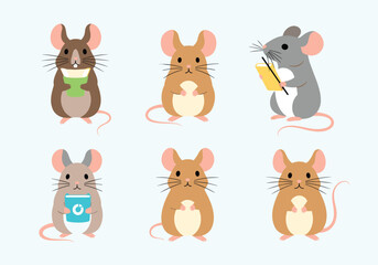 Six cute cartoon mice engaged in various activities holding objects.