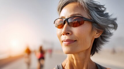 A mature woman in sunglasses enjoys the sunshine on a bright, sunny day, near the coast. Other people are out enjoying the weather too.