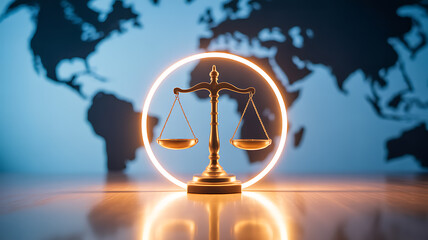 Golden scale of justice illuminated by a glowing ring, set against a world map backdrop
