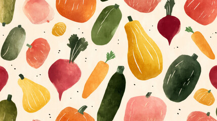 Hand-drawn illustration of a colorful vegetables. Watercolor style pattern on a beige background. Flat design. Generative AI