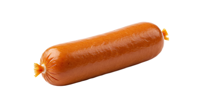 A single uncooked sausage in a plastic casing tied at both ends.