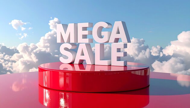 "Mega Sale" text displayed in white 3D letters on a red glossy podium against a backdrop of blue sky and fluffy white clouds.