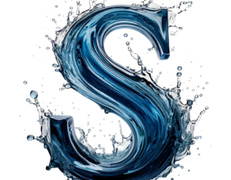 Abstract Artistic Water Splash Typography Letter S, isolated on a white background”