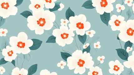 Seamless pattern of white flowers with orange centers and green leaves on a light blue background, perfect for fabric or wallpaper design