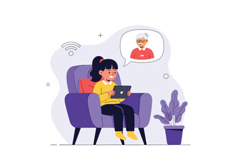Young girl sitting in a purple chair using a tablet and thinking about her grandparent.
