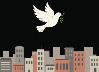 Obraz premium White dove with an olive branch flying over a modern city skyline, symbolizing peace, hope, freedom, and harmony in an urban environment.