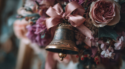 Elegant vintage bell surrounded by delicate pink roses and assorted flowers adorned with a soft satin ribbon capturing a romantic floral arrangement in warm light.