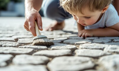 A child watching as an adult cleans the pavement with a brush. A moment of learning and shared activity is captured.
