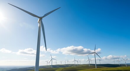 Wind turbines generate clean energy under a vibrant blue sky panorama