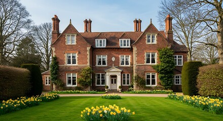 Elegant english country manor mansion house grade 2 listed victorian period property in red brick. front view with large garden green lawn and daffodils