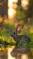 A rabbit sits by a shallow pool at sunset