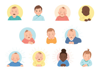 A Diverse Collection of Adorable Baby Portraits in Various Emotions and Poses.