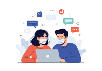 Two people wearing masks collaborate on a laptop with communication icons above.