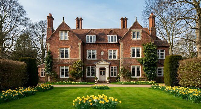 Elegant english country manor mansion house grade 2 listed victorian period property in red brick. front view with large garden green lawn and daffodils