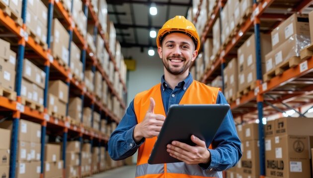 Cheerful Logistics Manager Using Tablet in Warehouse Professional Vest Optimizing Supply Chain Efficiency
